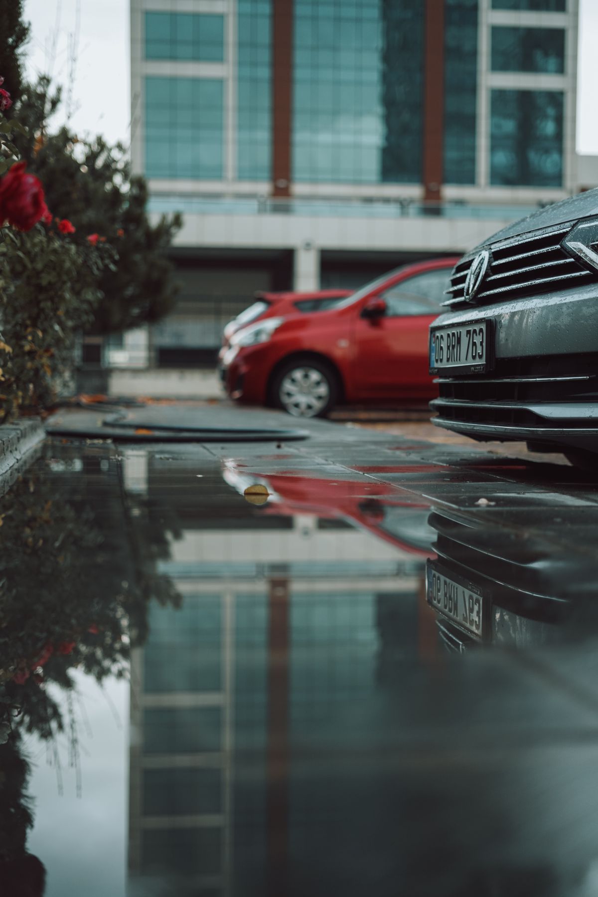 Standing water reflecting cars and a building beside a parking area.