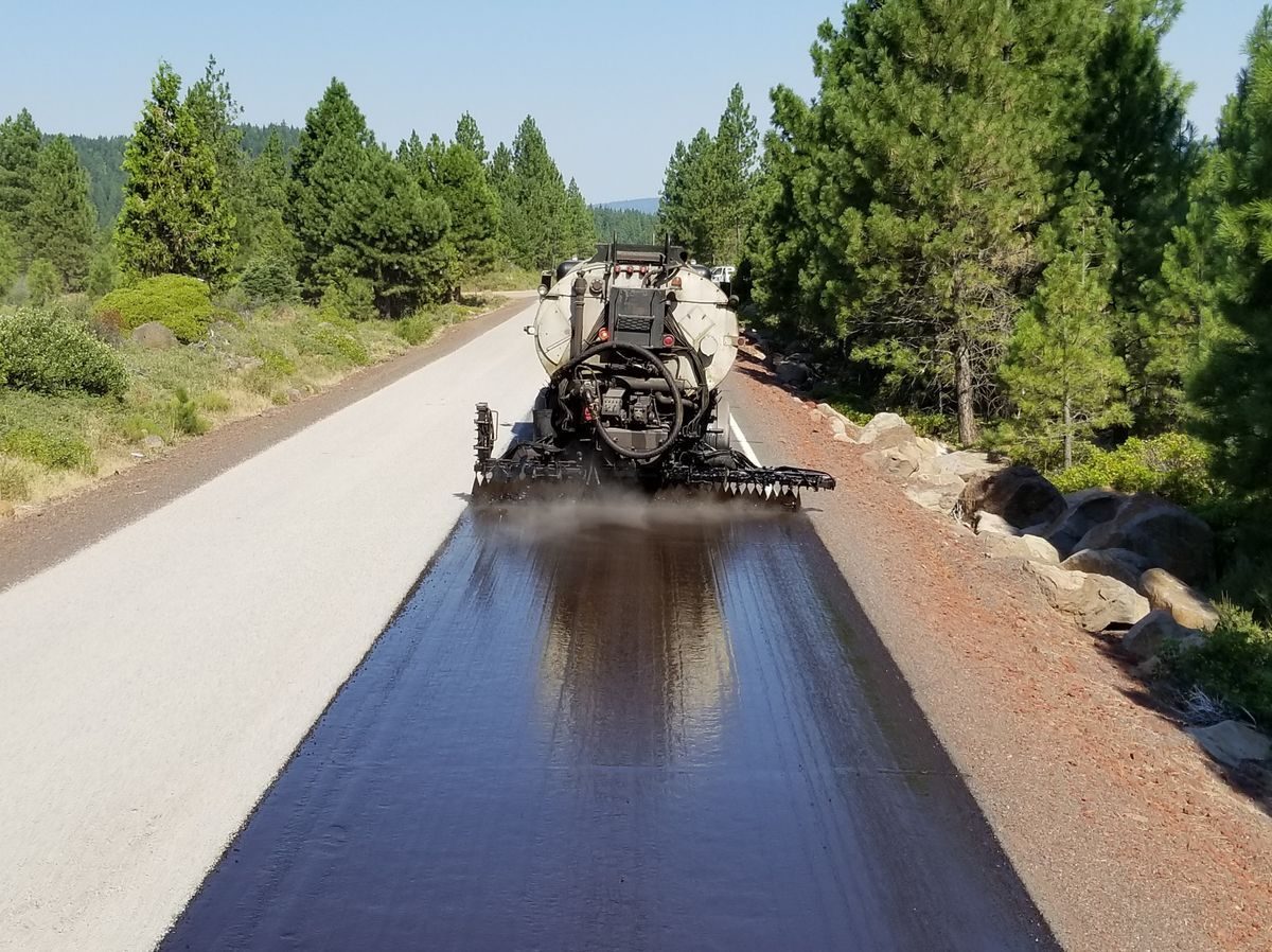 Road treatment truck leaving a dark strip along a forest roadway.