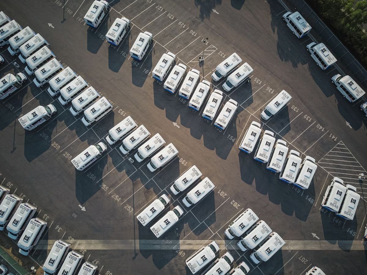 Aerial view of marked parking aisles between rows of vehicles.